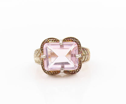 925 Sterling Silver Vintage Ring Carved Rectangle Cut Pink CZ  Sz 7  RG31835