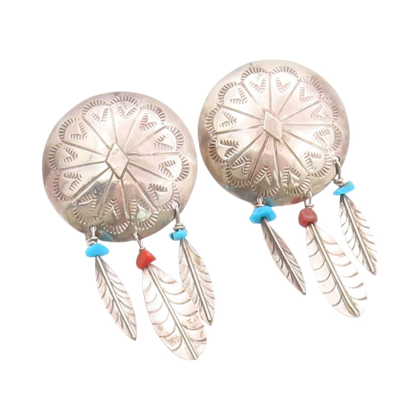 925 Sterling Silver Vintage Earrings SOUTHWESTERN Turquoise Feathers EG13530