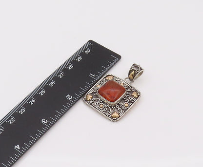 18k GOLD & 925 Silver  Vintage Square Bali Swirly Amber Pendant  PT22173