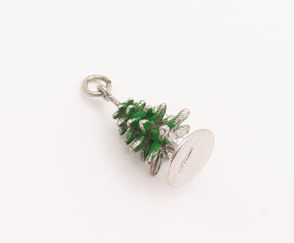 925 Sterling Silver Vintage Pendant 3D Carved Enameled Christmas Tree  PT23119