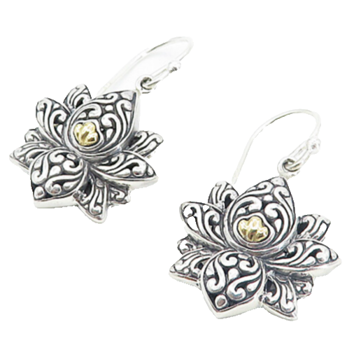 925 Sterling Silver & 18K GOLD  Vintage Lotus Flower Dangle Earrings  EG3334