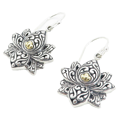925 Sterling Silver & 18K GOLD  Vintage Lotus Flower Dangle Earrings  EG3334