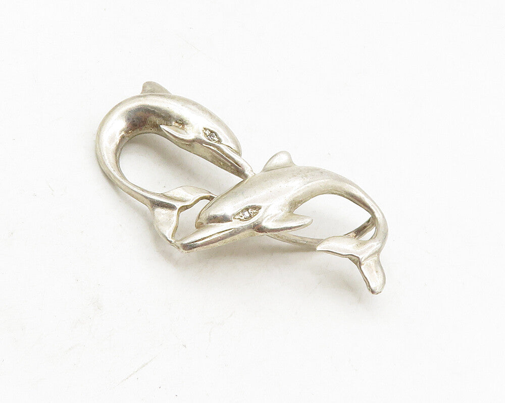 925 Sterling Silver  Vintage Shiny Smooth Swimming Dolphins Pendant  PT7358