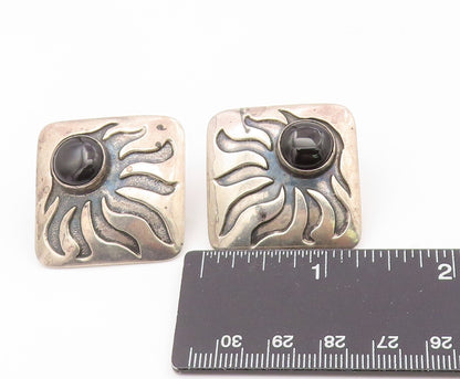 925 Sterling Silver Vintage Earrings Black Onyx Carved Sunburst Clip On  EG13871