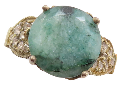 925 Sterling Silver Vintage Ring Gold Plated Green Gemstone & CZ  Sz 6  RG30806