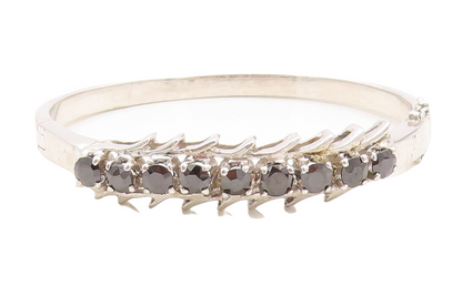 925 Sterling Silver Vintage Bracelet Spikey Carved Black Diamonds Bangle BT10971