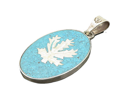 MEXICO 925 Silver  Vintage Inlaid Turquoise Floral Leaf Pendant  PT15452