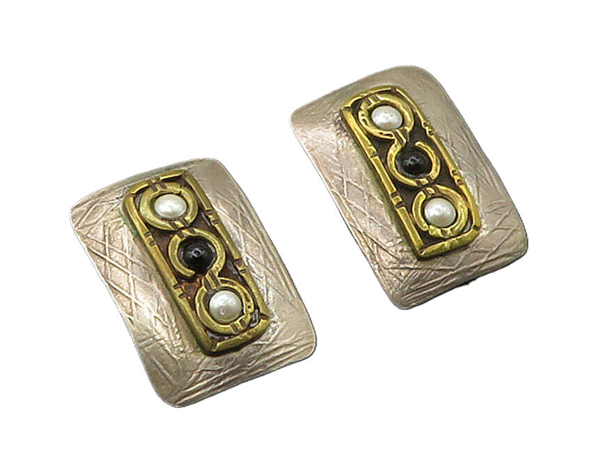 DESIGNER 925 Silver  Vintage Pearls & Black Onyx 2 Tone Drop Earrings  EG8590