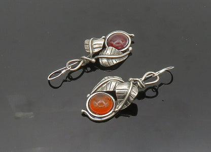 925 Sterling Silver  Vintage Cabochon Amber Floral Leaf Drop Earrings  EG9919