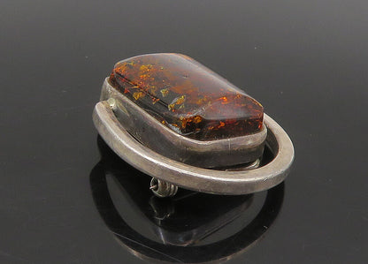 925 Sterling Silver  Vintage Amber Modernist Smooth Brooch Pin  BP8974