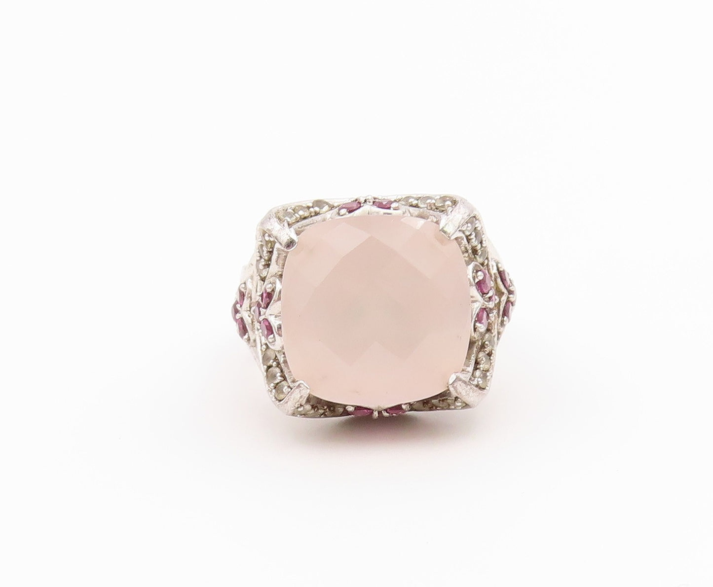 925 Sterling Silver Vintage Ring Rose Quartz & Ruby Statement Band Sz 9 RG36432