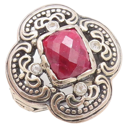 925 Sterling Silver Vintage Ring Swirly Carved Pink Gem & CZ Flower Sz 7 RG29175