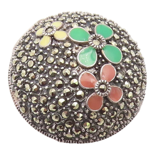 925 Sterling Silver Vintage Pendant Marcasite Enamel Floral Dome Charm  PT26025
