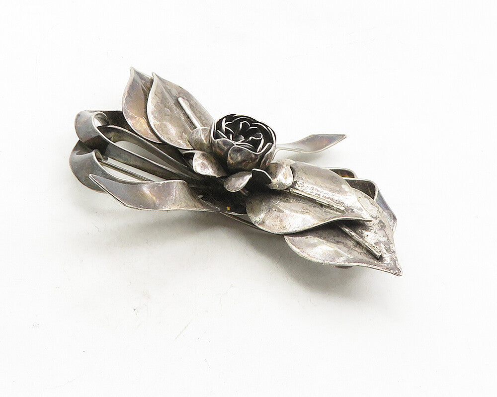 925 Sterling Silver  Vintage Oxidized Floral Bow Tied Ribbon Brooch Pin BP3792