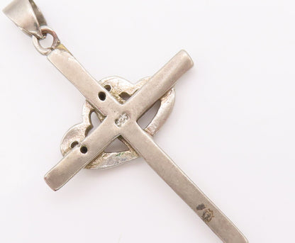 925 Sterling Silver Vintage Pendant Interlocked Carved Topaz Heart Cross PT22989