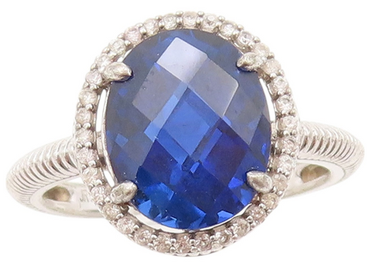 925 Sterling Silver Vintage Ring Designer Sapphire Halo CZ  Sz 7  RG32891