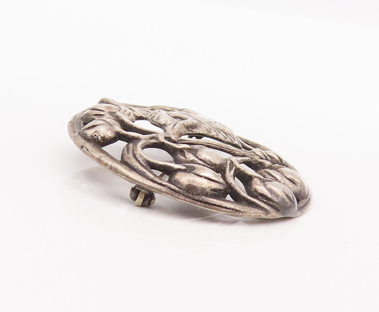 925 Sterling Silver Vintage Brooch Pin Antique Carved Bird On Tree  BP10829