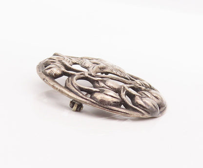 925 Sterling Silver Vintage Brooch Pin Antique Carved Bird On Tree  BP10829