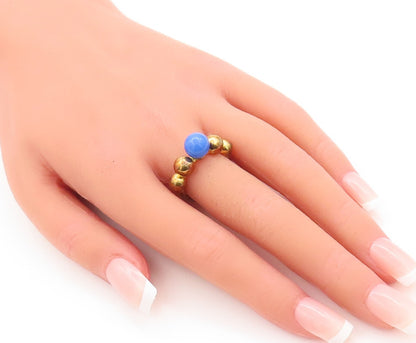 925 Sterling Silver Vintage Ring Gold Plated Bead Carved Blue Gem  Sz 7  RG29725