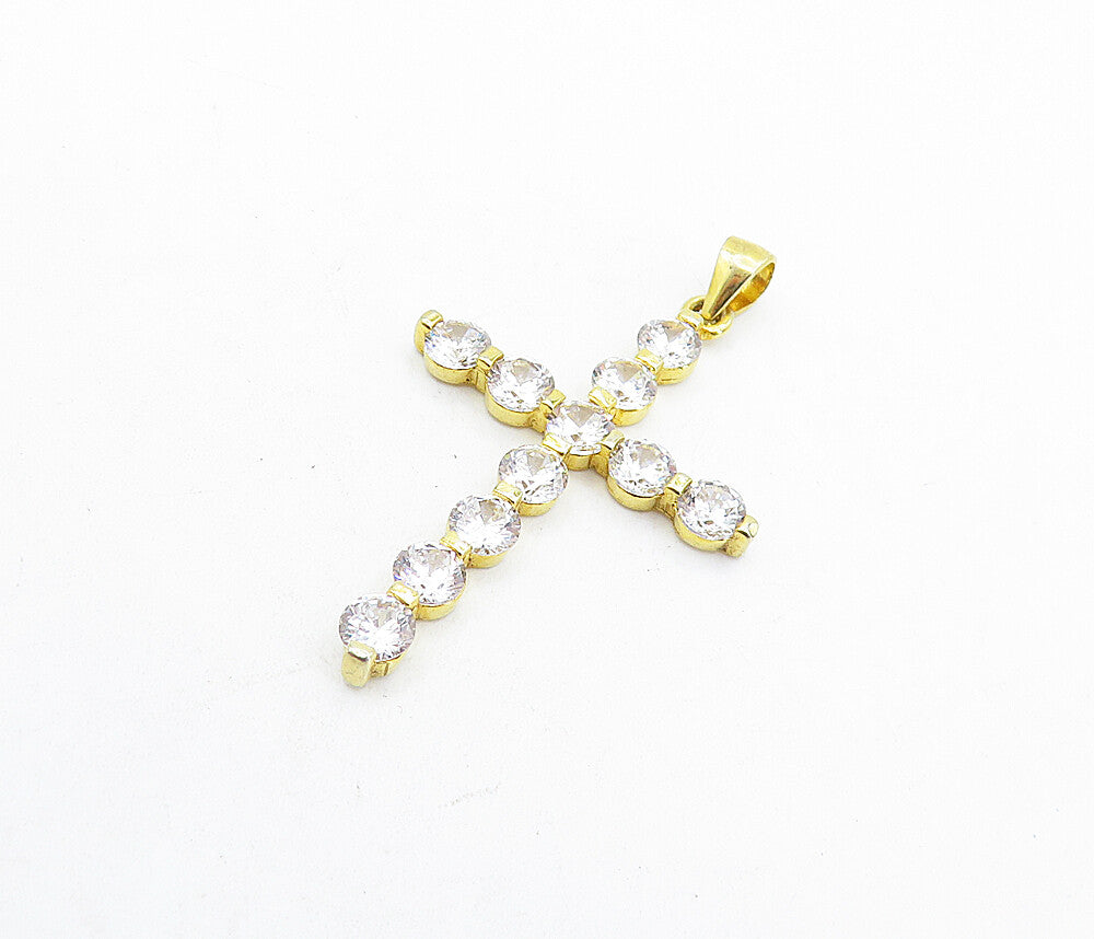 925 Sterling Silver  Cubic Zirconia Gold Plated Religious Cross Pendant PT4631