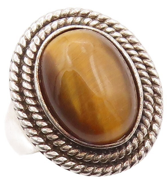925 Sterling Silver Vintage Ring Tigers Eye Halo Twisted Rope  Sz 7.5  RG31071
