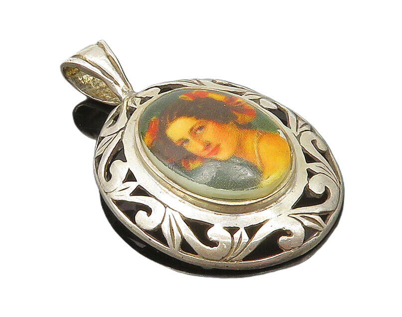 JEZLAINE 925 Sterling Silver  Vintage Enamel Woman Portrait Pendant  PT13824