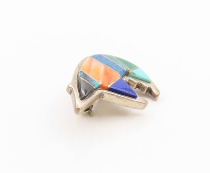 925 Sterling Silver Vintage Brooch Pin NAVAJO ZUNI Gemstone Inlay Bear  BP11657