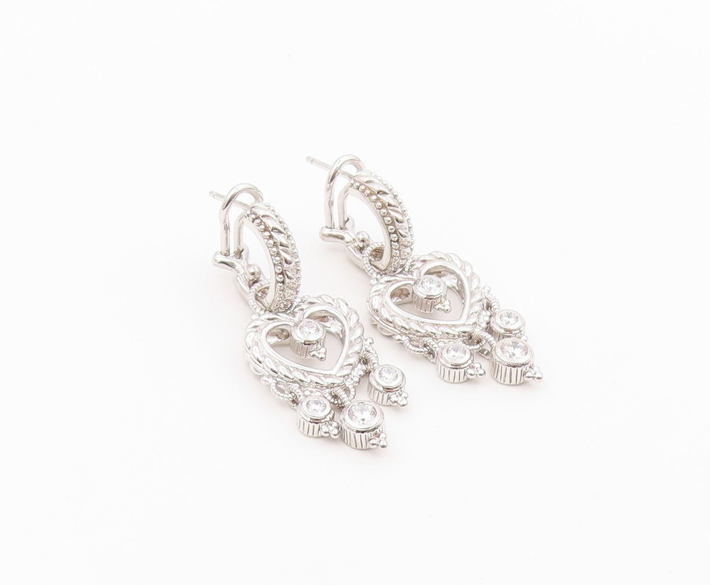 925 Sterling Silver Vintage Earrings JUDITH RIPKA CZ Love Heart Drop  EG14495
