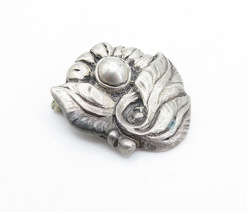 925 Sterling Silver  Vintage Antique Dark Tone Floral Leaf Brooch Pin  BP2435