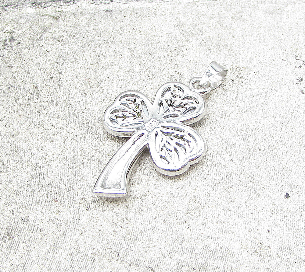 925 Sterling Silver  Mother of Pearl Love Heart Clover Drop Pendant  PT1376
