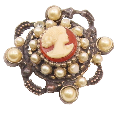 925 Sterling Silver  Vintage Petite Pearls & Carnelian Cameo Brooch Pin BP8060