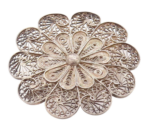 925 Sterling Silver Vintage Brooch Pin MIDDLE EAST Filigree Work Flower  BP10844