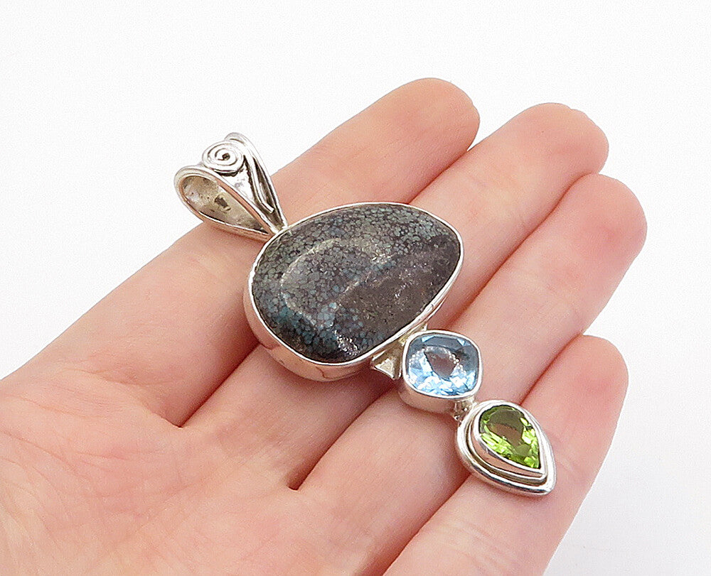 925 Sterling Silver  Vintage Jasper Topaz & Peridot Swirl Drop Pendant  PT3095