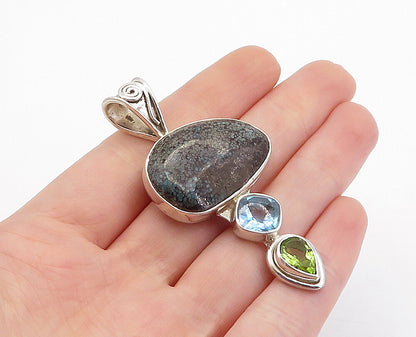 925 Sterling Silver  Vintage Jasper Topaz & Peridot Swirl Drop Pendant  PT3095
