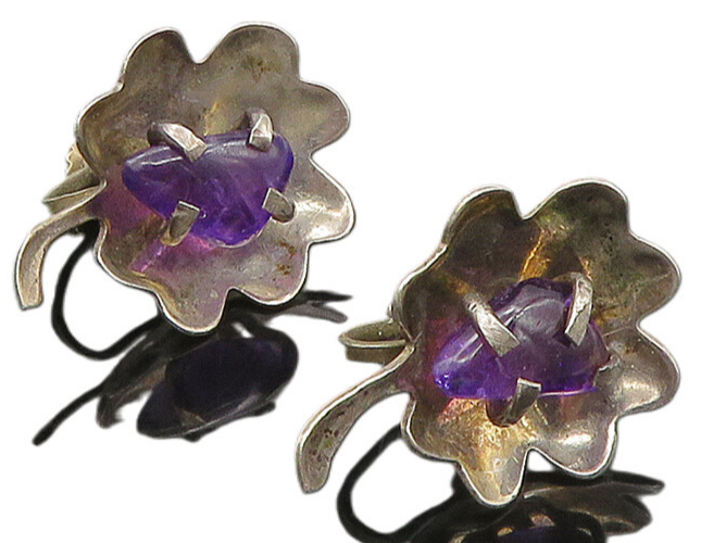 YMG MEXICO 925 Silver  Vintage Amethyst Floral Non Pierce Earrings  EG11454
