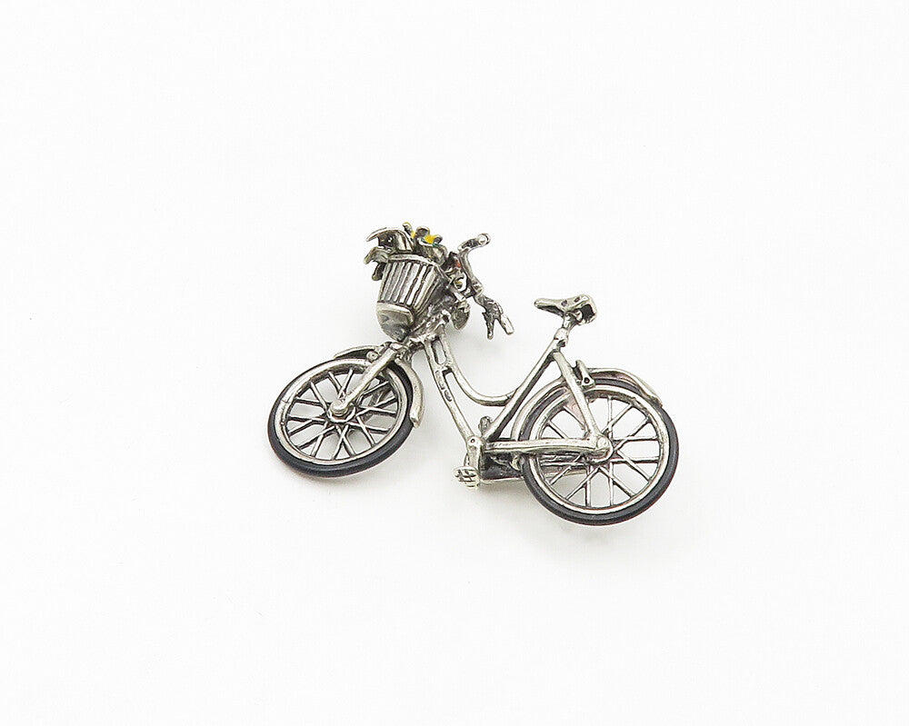 925 Sterling Silver  Vintage Enamel Bicycle With Flower Basket Trinket  TR2590