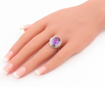 925 Sterling Silver Vintage Ring Amethyst Scroll Cutout Band  Sz 7  RG36137