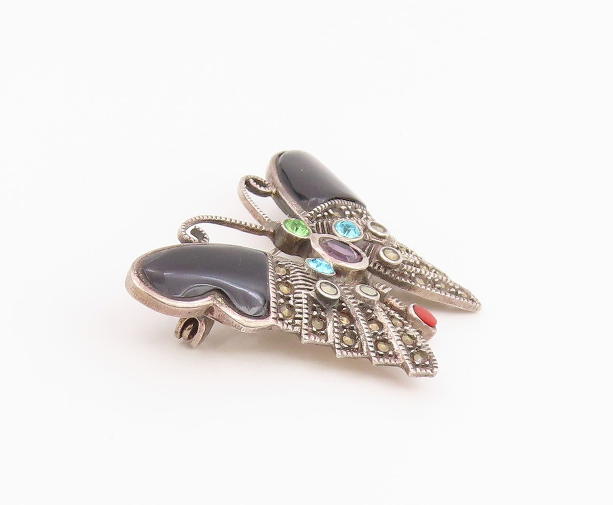 925 Sterling Silver Vintage Brooch Pin Multi Gemstone Classic Butterfly  BP12445