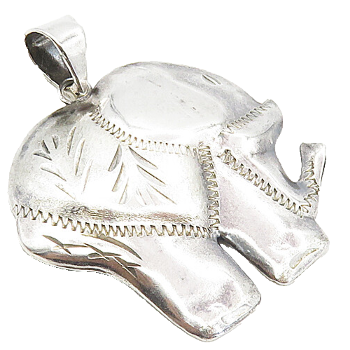 925 Sterling Silver  Vintage Shiny Hollow Etched Elephant Motif Pendant PT6416
