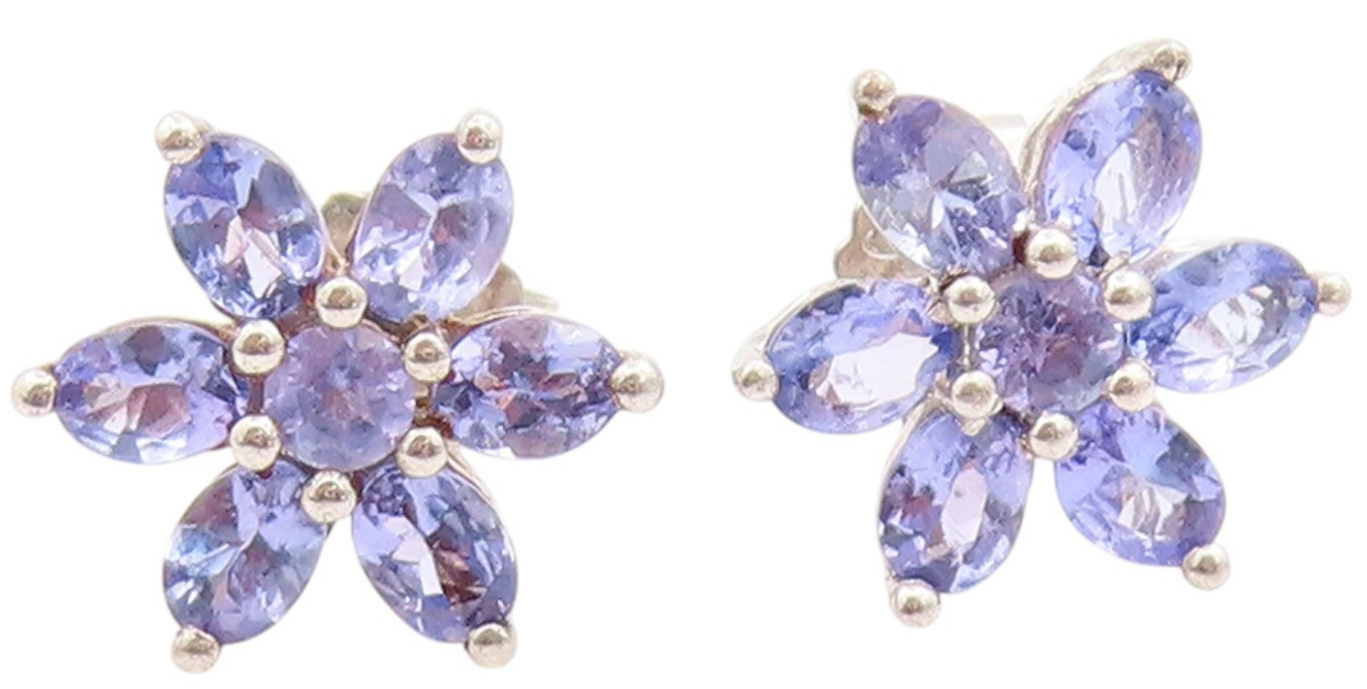 925 Sterling Silver Vintage Earrings Elegant Tanzanite Flower Studs  EG14011