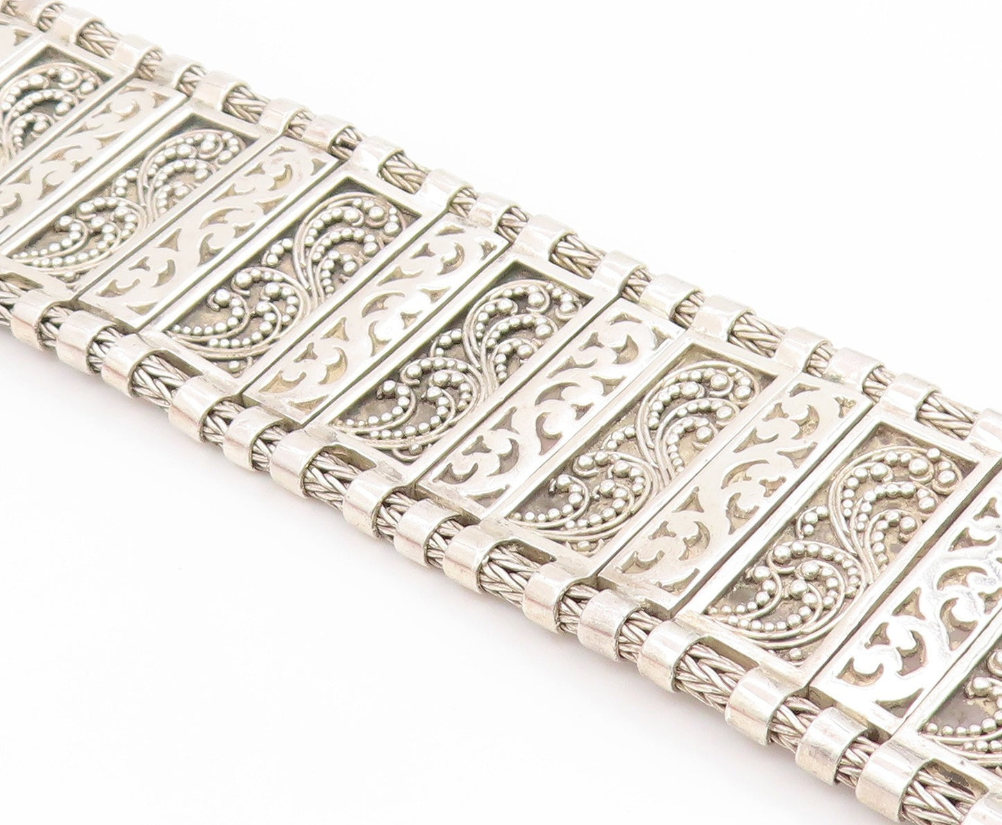 925 Sterling Silver Vintage Bracelet LOIS HILL Wide Scrollwork Panel  BT11919