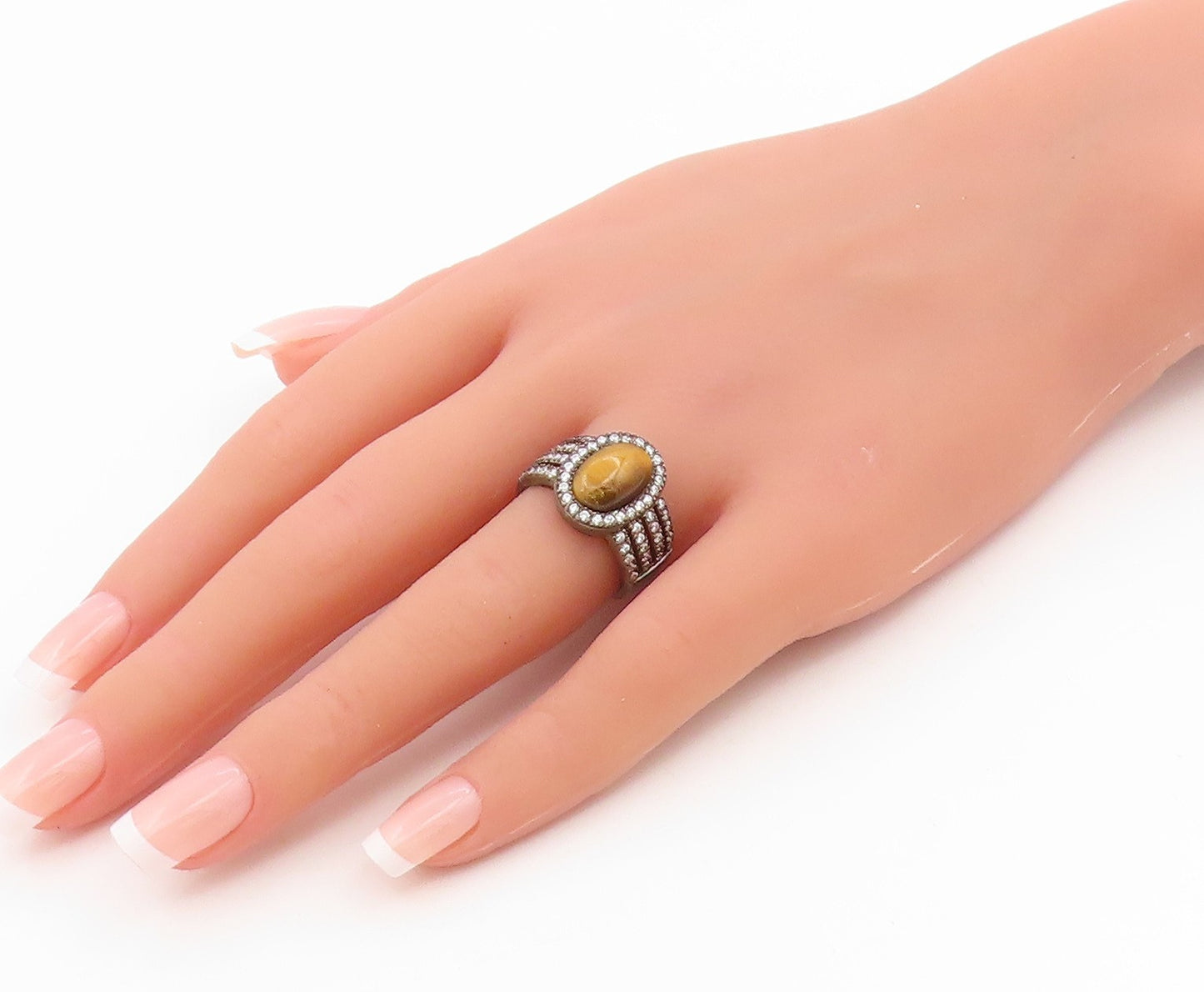 925 Sterling Silver Vintage Ring Classic Tiger's Eye Halo CZ Band  Sz 7  RG35969