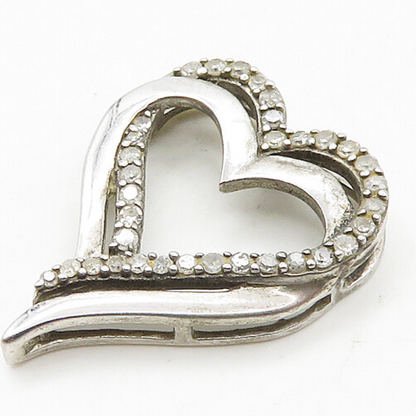 925 Sterling Silver  Vintage Genuine Diamonds Open Love Heart Pendant  PT15551