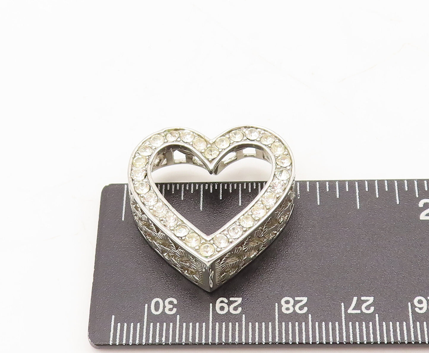 925 Sterling Silver Vintage Pendant Carved $ Band Crystal Heart Border  PT22607