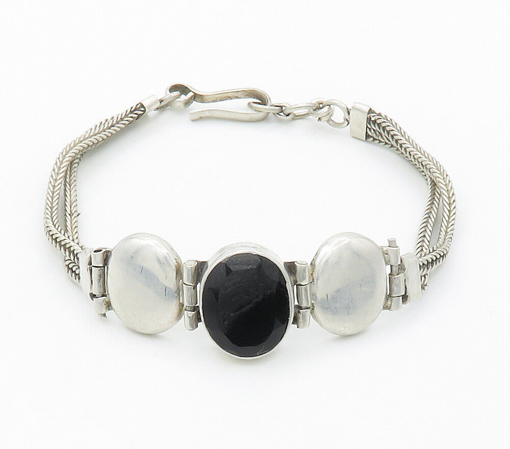 925 Sterling Silver  Vintage Black Hematite Double Wheat Chain Bracelet BT5978
