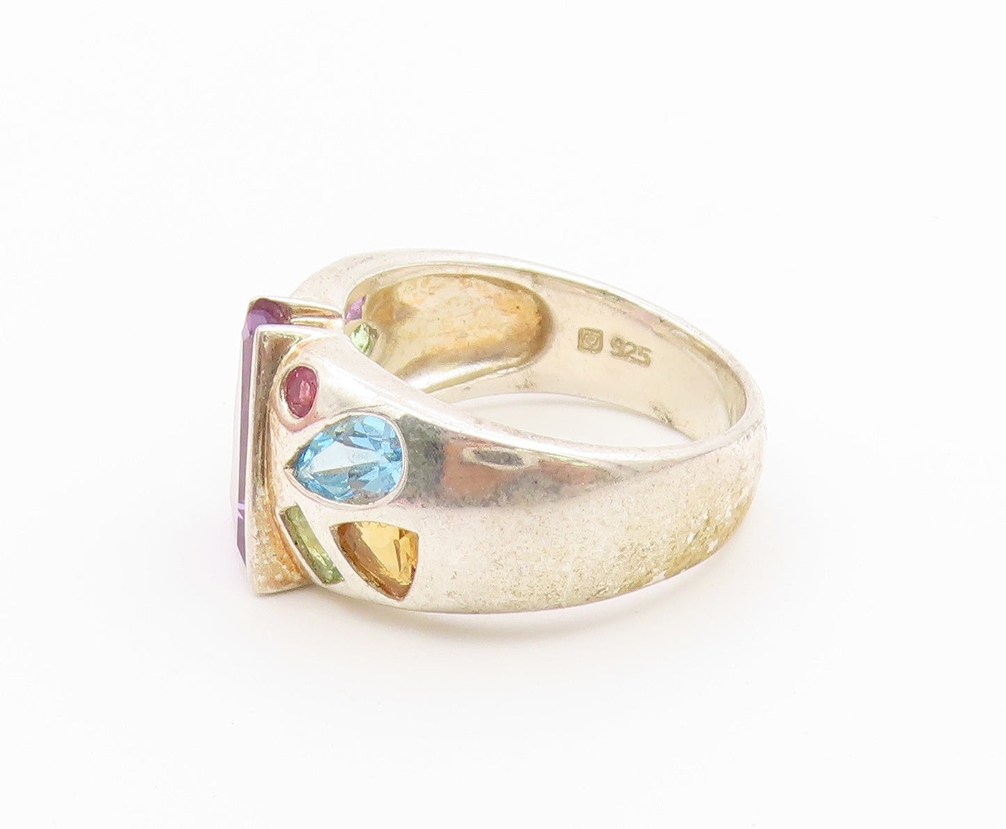 925 Sterling Silver Vintage Ring Modernist Multi Gemstone Band  Sz 9  RG36799