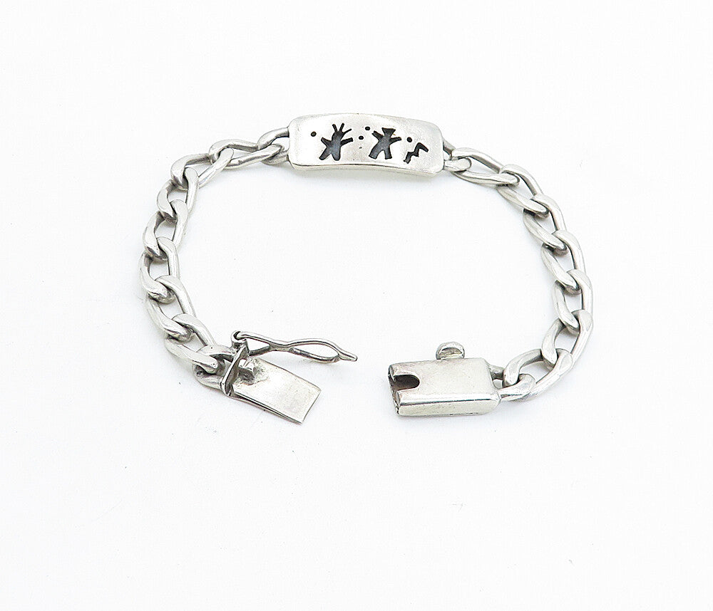 MEXICO 925 Silver  Vintage Oxidized Figures Curb Link Chain Bracelet  BT3023