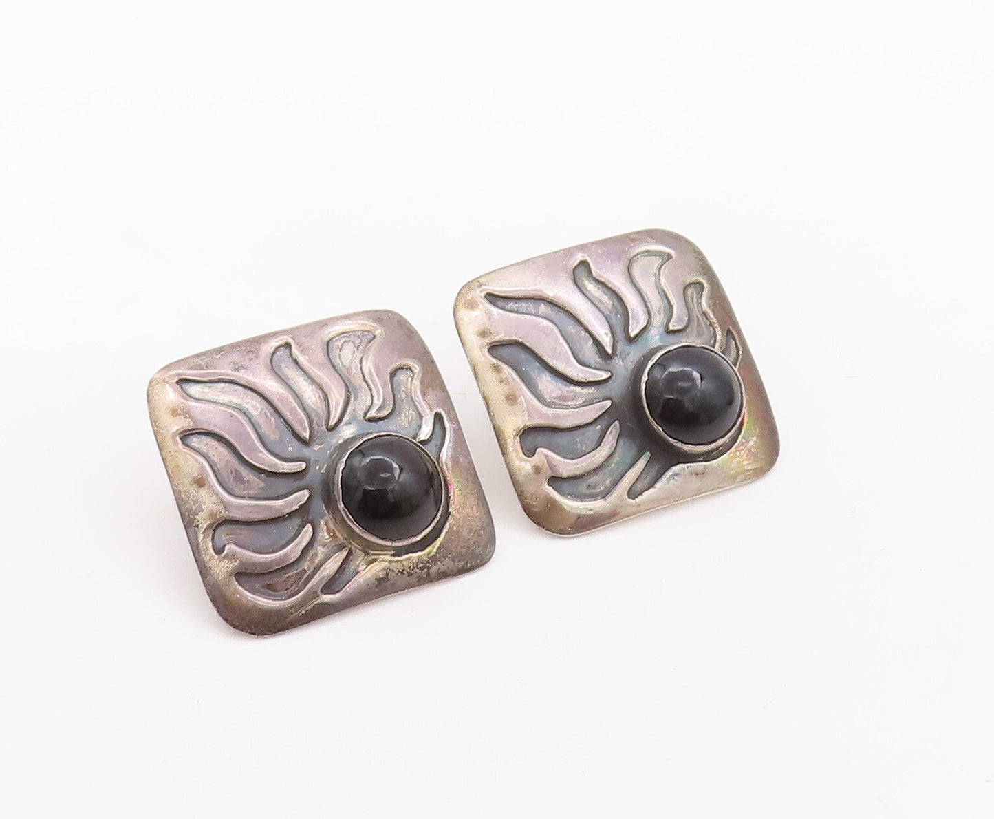 925 Sterling Silver Vintage Earrings Square Carved Onyx Sun Design  EG13100
