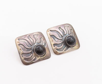 925 Sterling Silver Vintage Earrings Square Carved Onyx Sun Design  EG13100