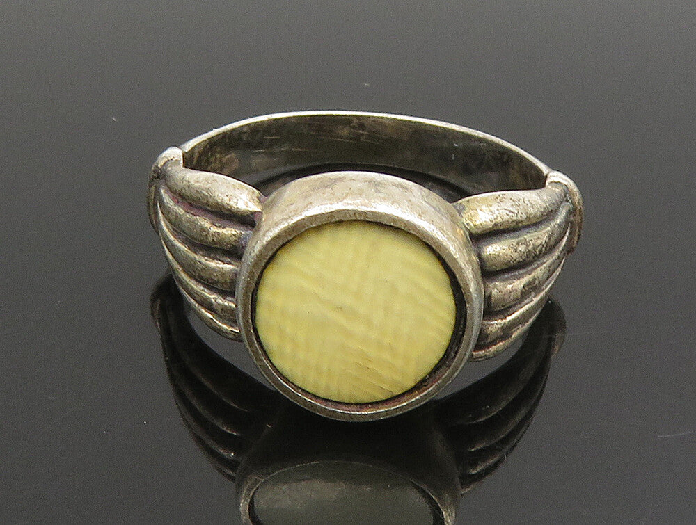 925 Sterling Silver  Vintage Yellow Enamel Ribbed Band Ring Sz 6  RG25105